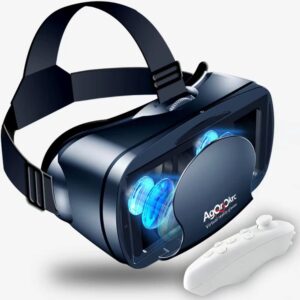 Blue VR headset with controller, glowing lenses, and adjustable head strap
