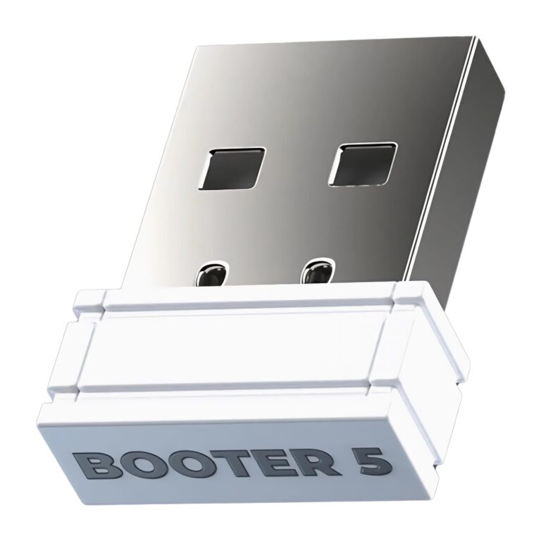 White and silver USB drive with "BOOTER 5" text on the front