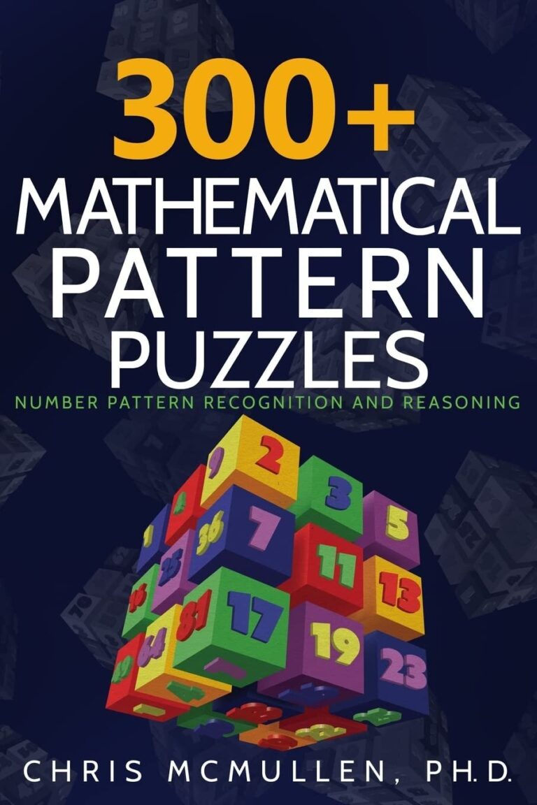 Book cover: "300+ Mathematical Pattern Puzzles" with a cube of numbered blocks