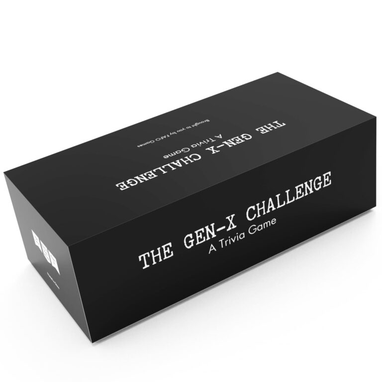 Black box for "The Gen-X Challenge" trivia game, white text on the box