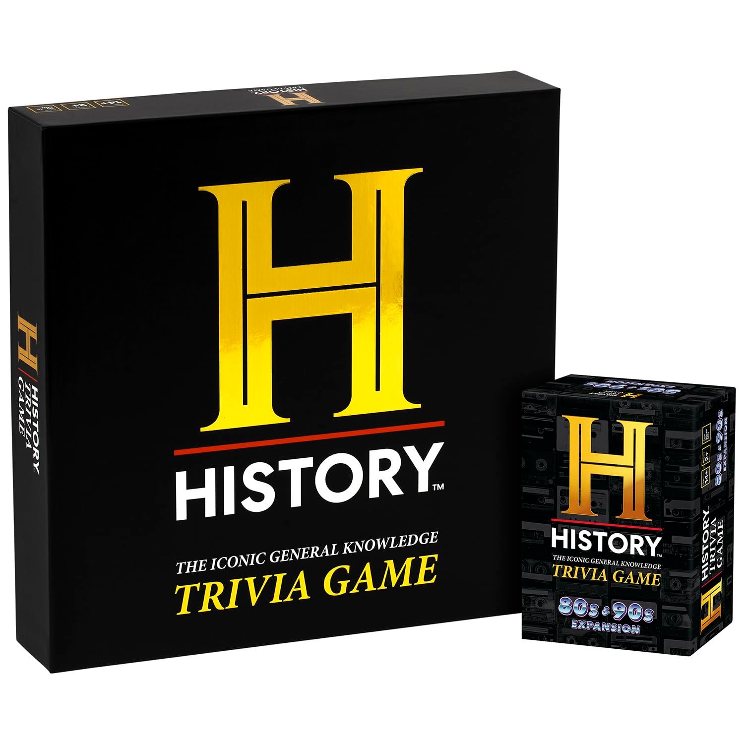 History Trivia Game" boxes with large gold "H" logo on a black background