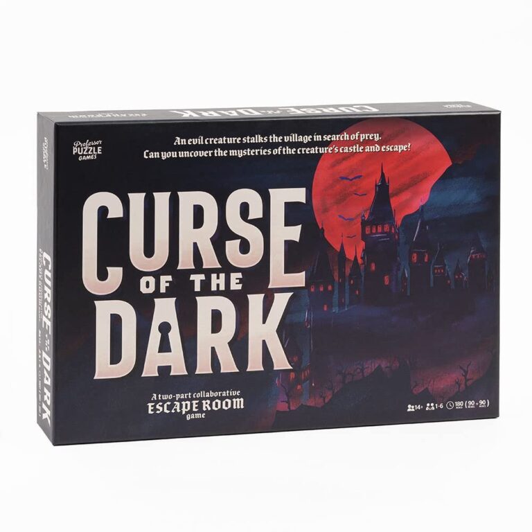 Curse of the Dark" escape room game box with castle and red moon illustration