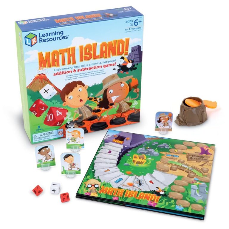 Math Island board game with dice, game pieces, and a volcano-themed game board