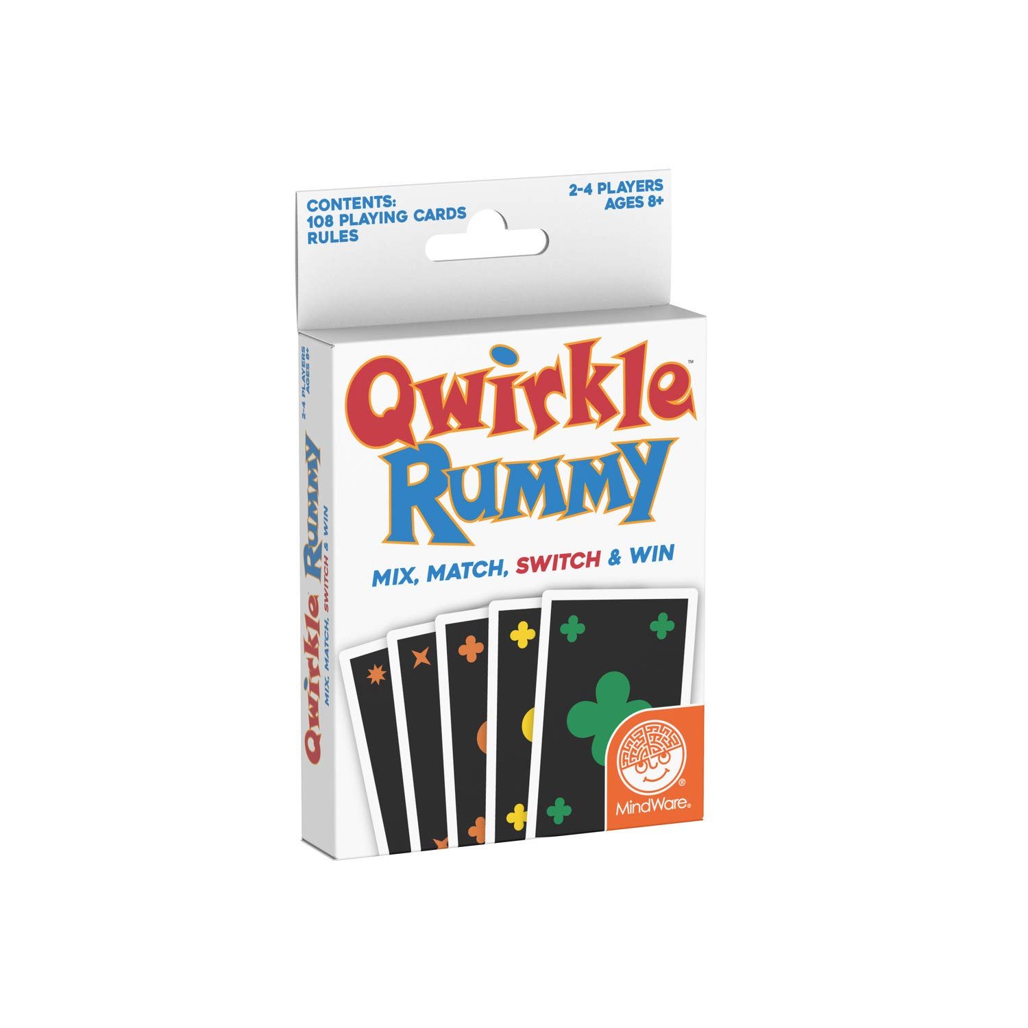 Qwirkle Rummy card game box with colorful shapes and the MindWare logo