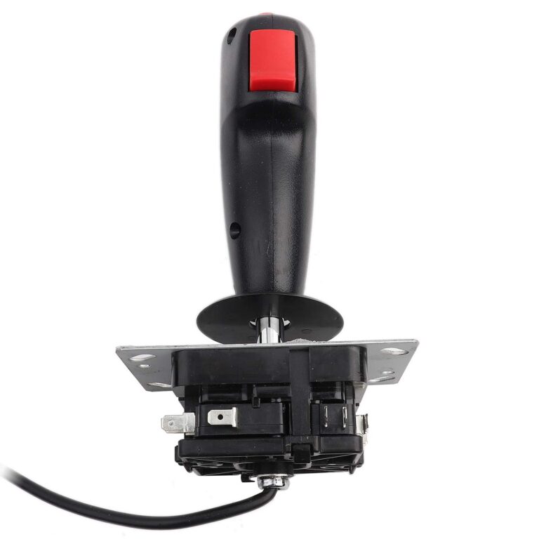 Black joystick with red button, mounted on a metal plate, with cable