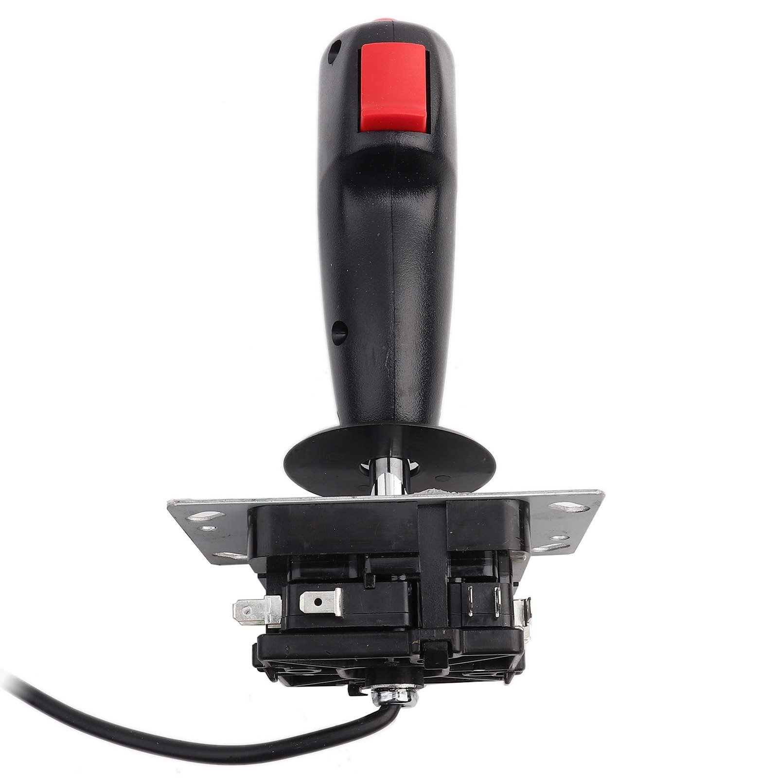 Black joystick with red button, mounted on a metal plate, with cable