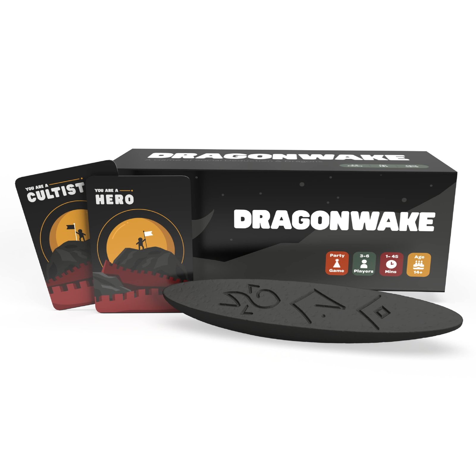Dragonwake board game box with cards and a black game piece