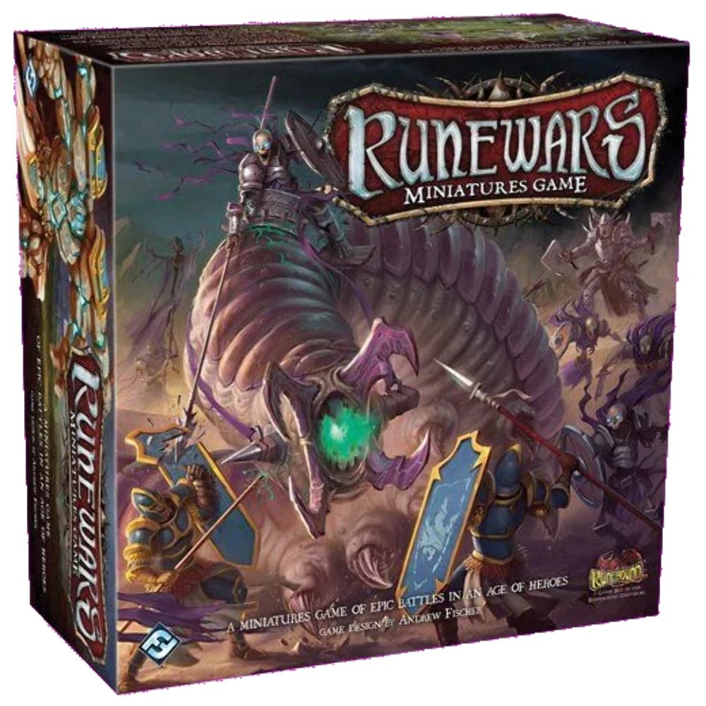 Runewars Miniatures Game box art: soldiers fighting a giant monster with a rider