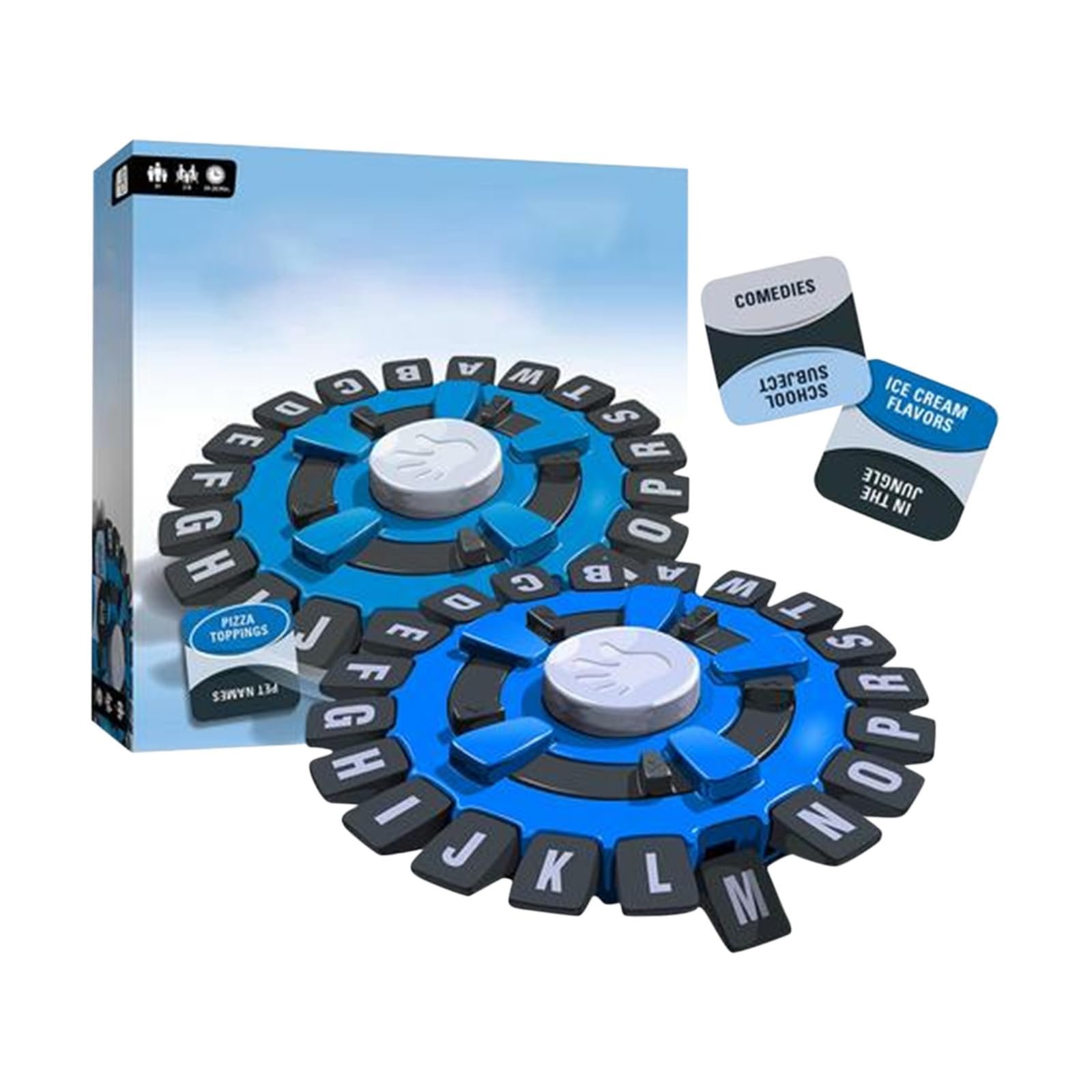 Board game with lettered wheels, cards, and a box