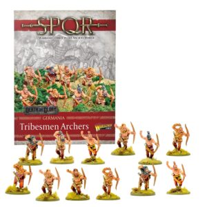 Box art and miniatures of Tribesmen Archers from Warlord Games