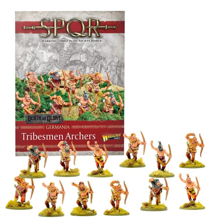 Box art and miniatures of Tribesmen Archers from Warlord Games