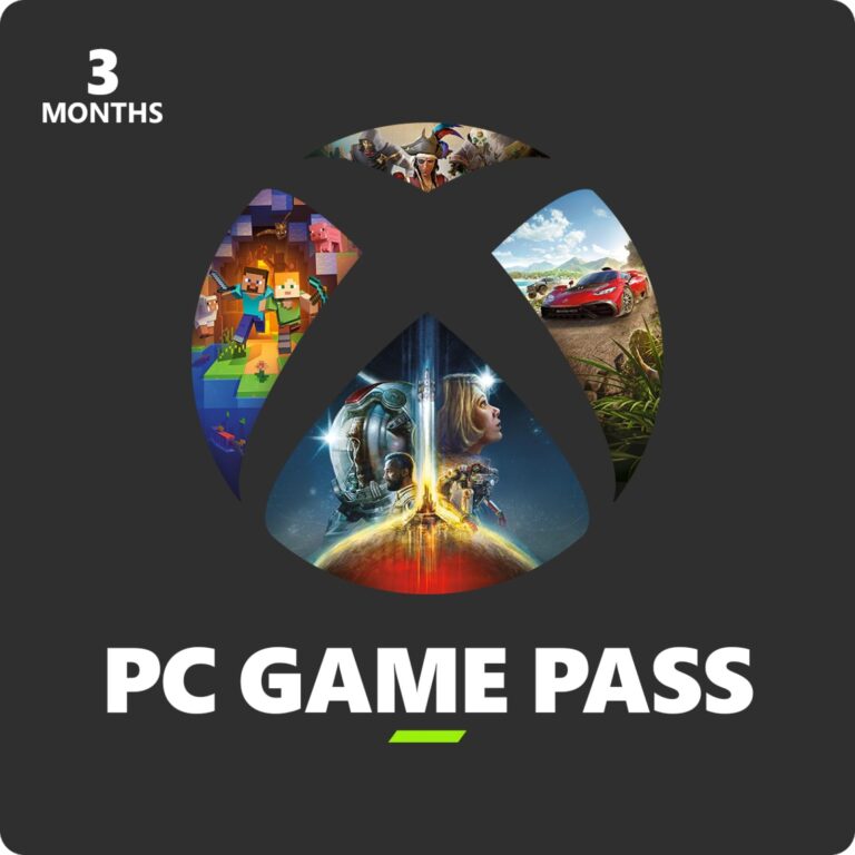 PC Game Pass advertisement with Xbox logo and game screenshots. 3 months offer