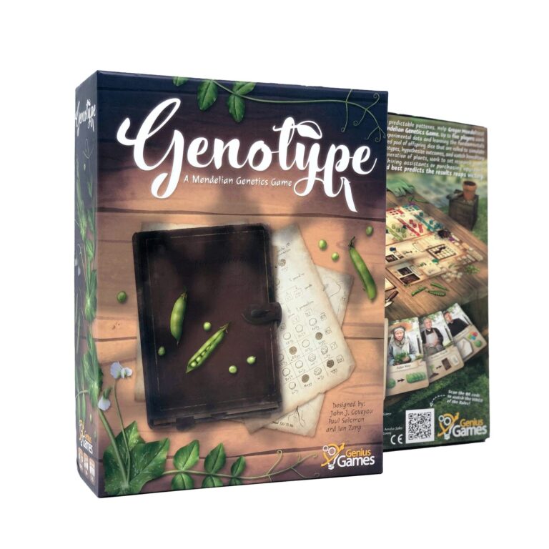 Genotype: A Mendelian Genetics Game" board game box with pea pods and genetics diagrams
