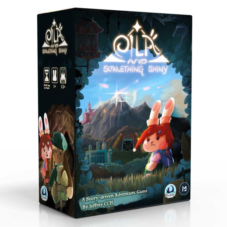 Oilk and Something Shiny" board game box art with bunny characters and landscape."