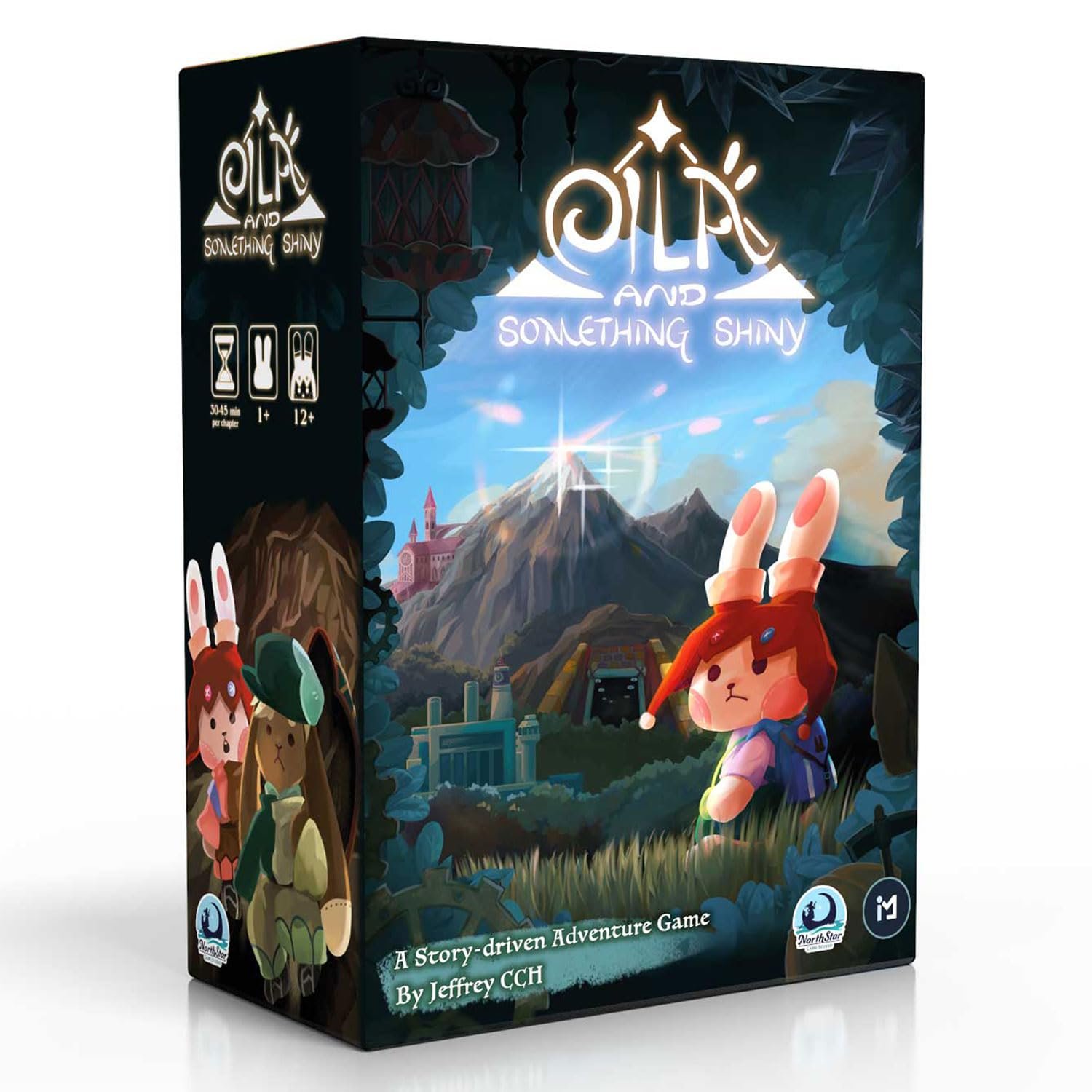 Oilk and Something Shiny" board game box art with bunny characters and landscape."