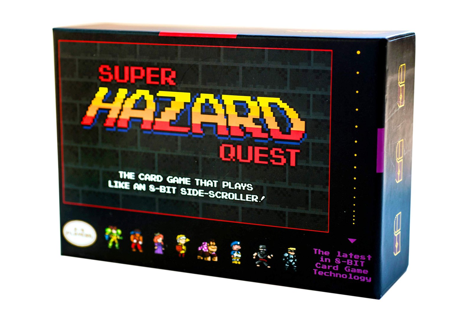 Super Hazard Quest" card game box with pixelated graphics and characters