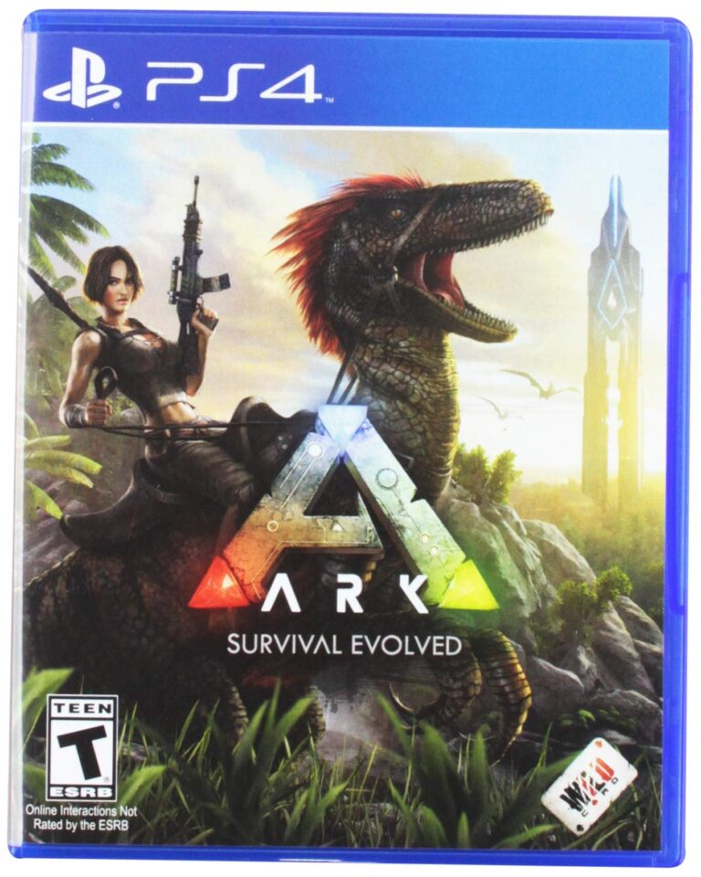 ARK: Survival Evolved PS4 game cover with woman, dinosaur, and logo