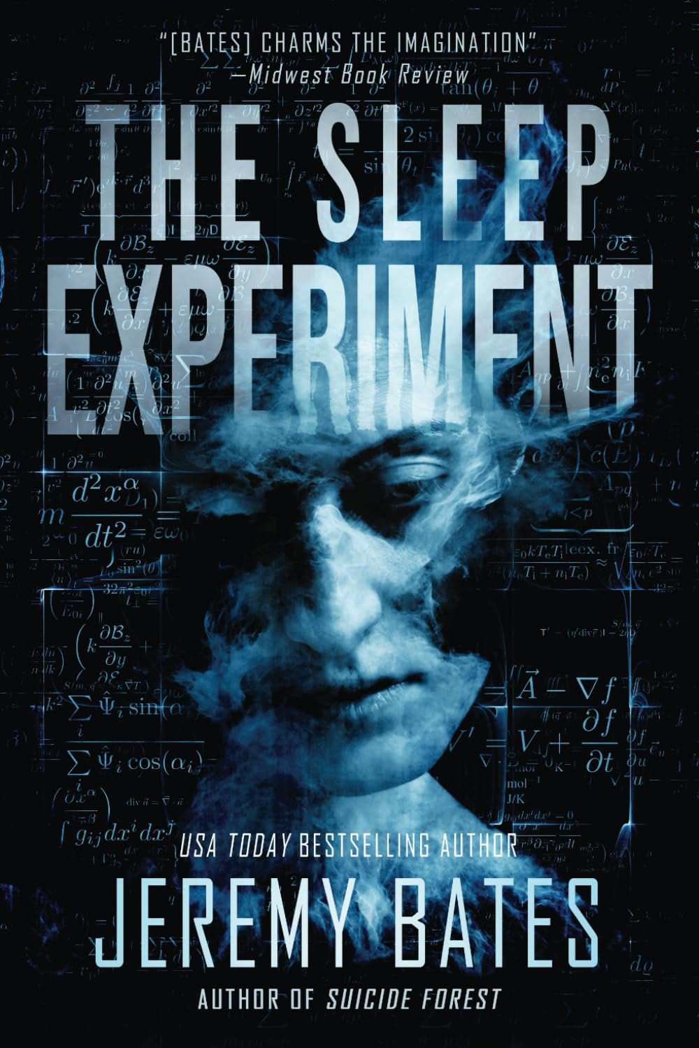 Book cover for "The Sleep Experiment" with a face and mathematical equations