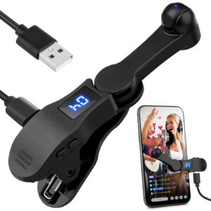 Black phone holder with USB cable, digital display, and a phone showing a live stream