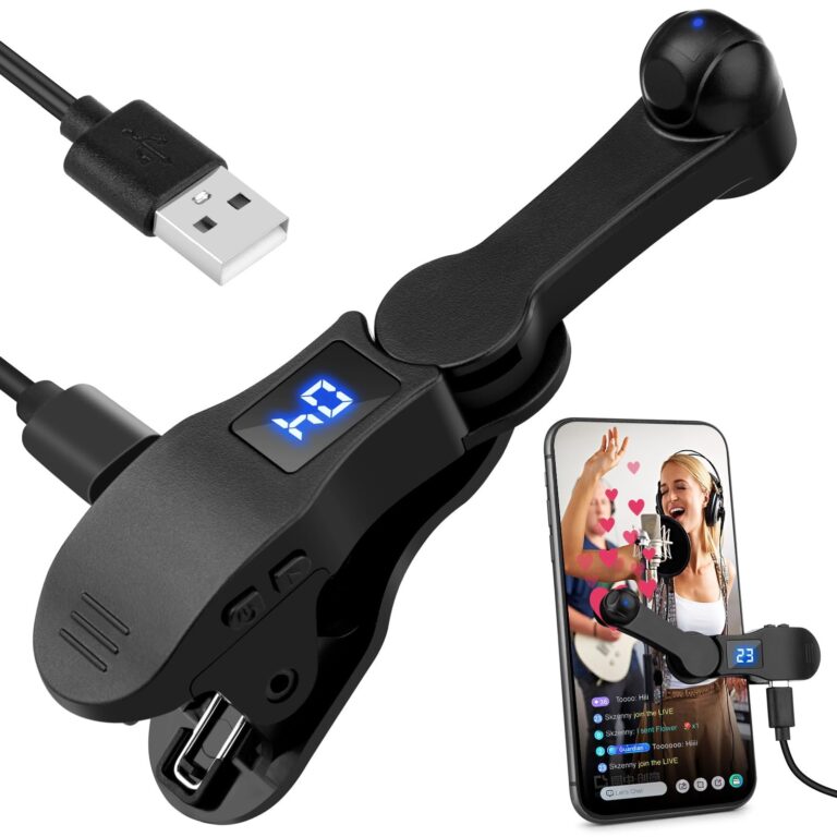 Black phone holder with USB cable, digital display, and a phone showing a live stream