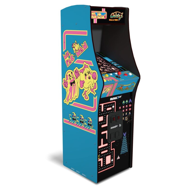 Mr. Pac-Man arcade cabinet with blue and pink graphics, joystick, and screen