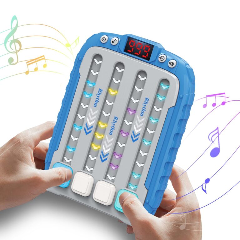 Blue rhythm game with colored lights and digital display, held by hands