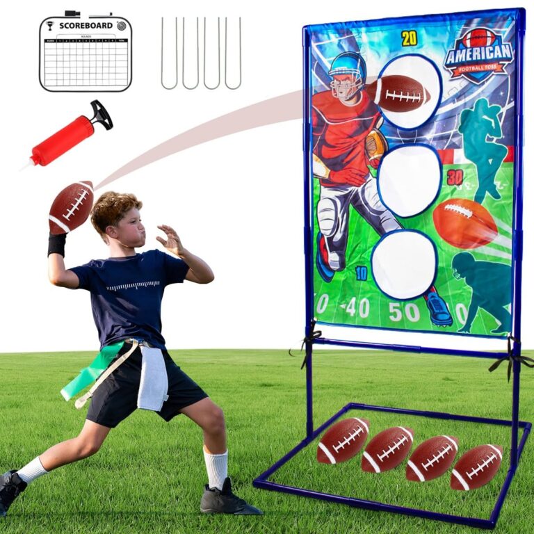 Boy throwing football towards a target with holes and footballs on the ground