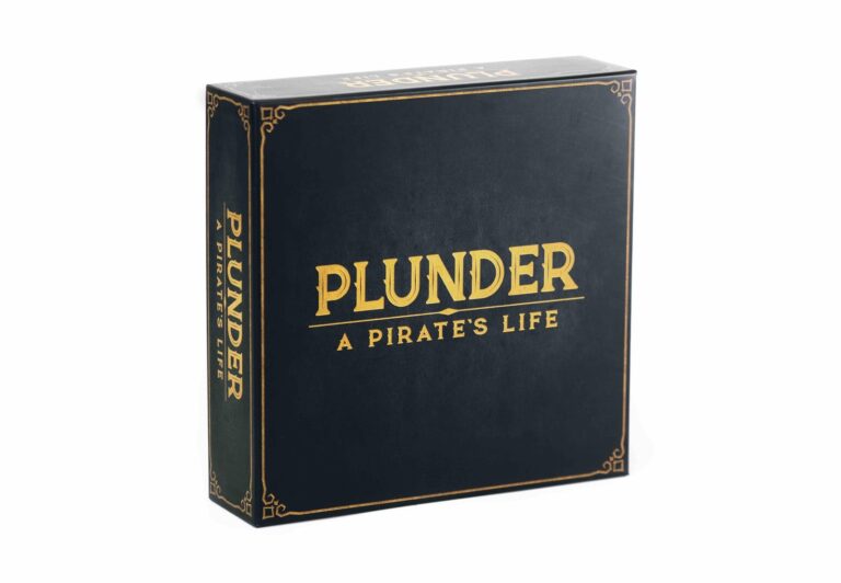 Black "Plunder: A Pirate's Life" game box with gold lettering and trim