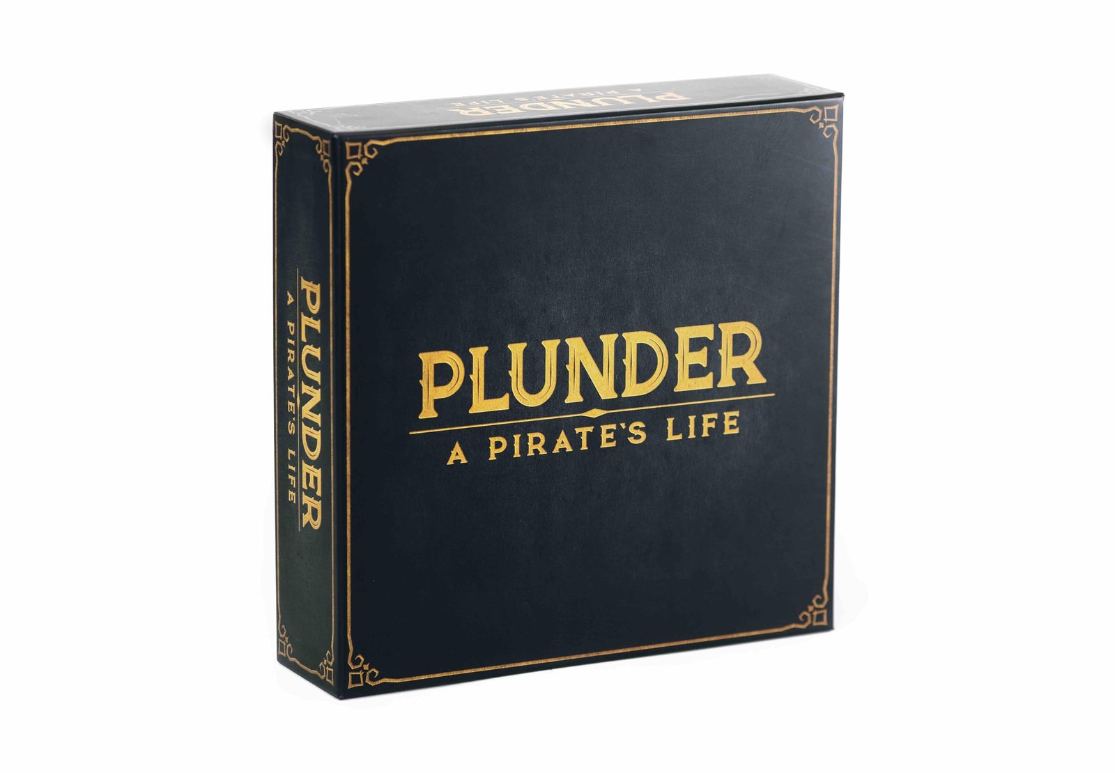 Black "Plunder: A Pirate's Life" game box with gold lettering and trim