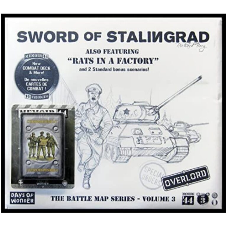 Box art for "Sword of Stalingrad" board game, featuring tank and soldier sketches