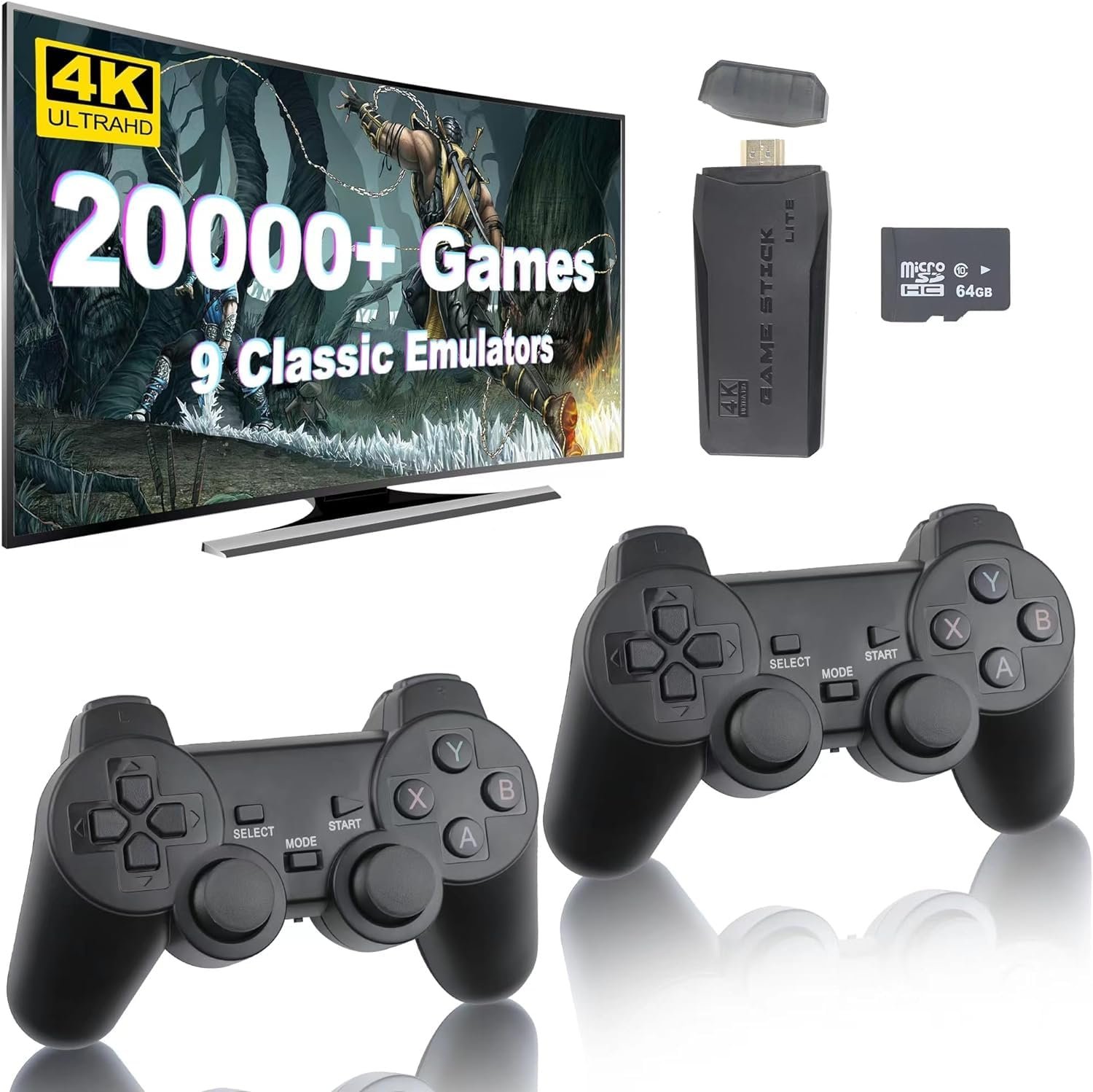 Gaming console set with TV, controllers, game stick, and memory card