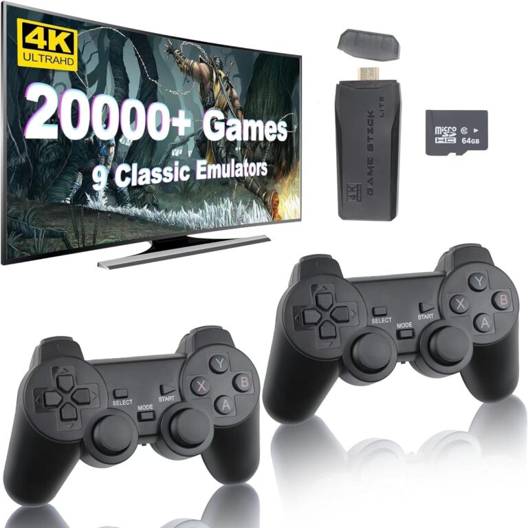 Gaming console set with TV, controllers, game stick, and memory card
