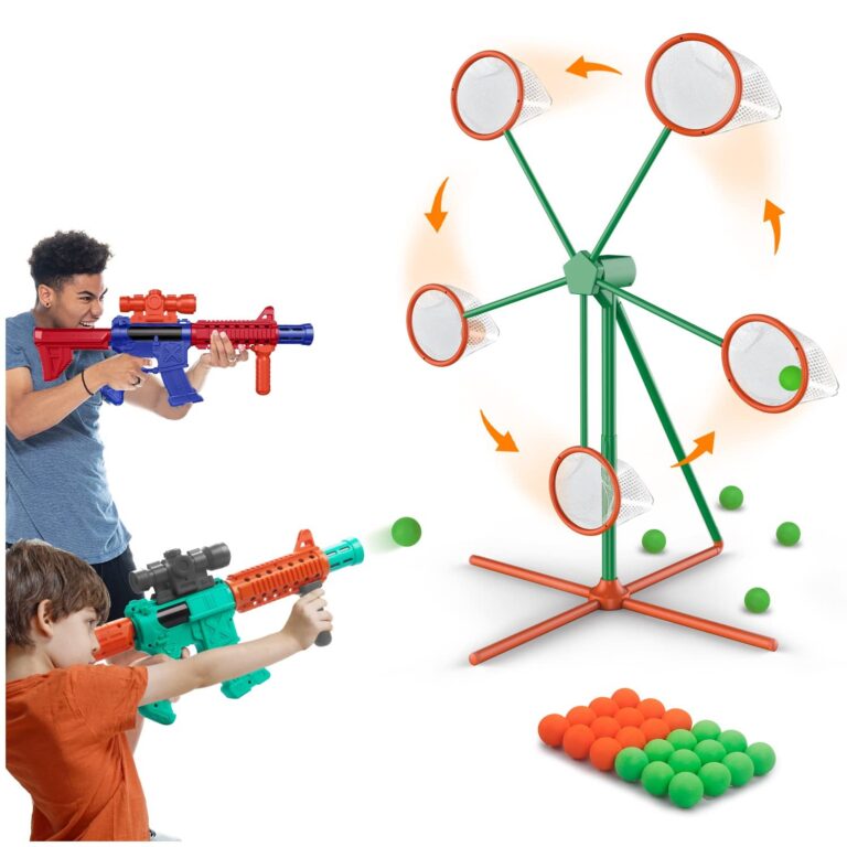 Two people shooting toy guns at a spinning target with balls