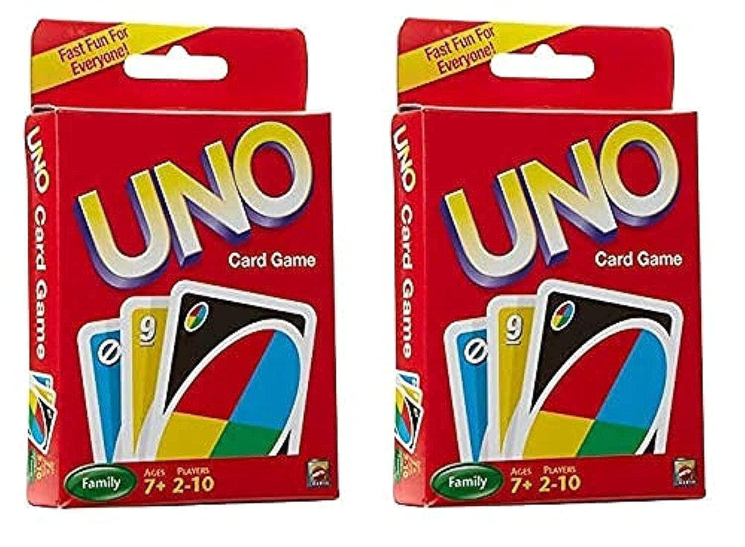 Two red boxes of the UNO card game, side by side
