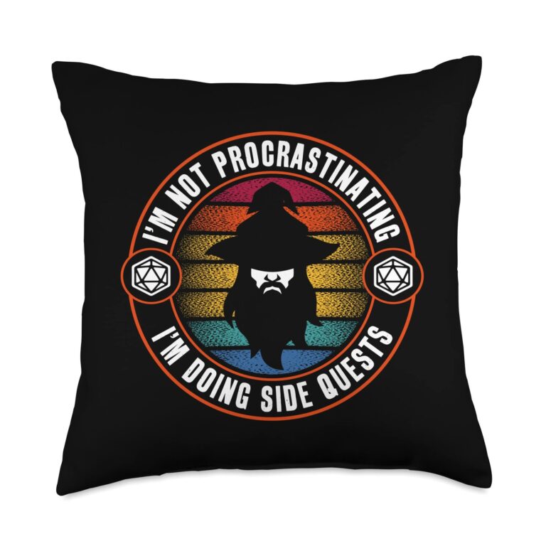 Black pillow with "I'm not procrastinating, I'm doing side quests" design