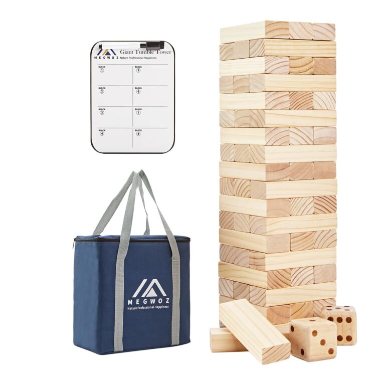 Giant Tumble Tower game set with blocks, dice, bag, and a score board