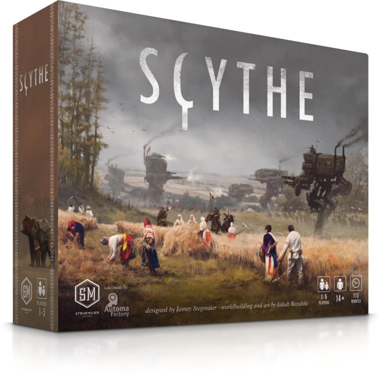 Scythe board game box art: farmers, mechs, and a field of wheat