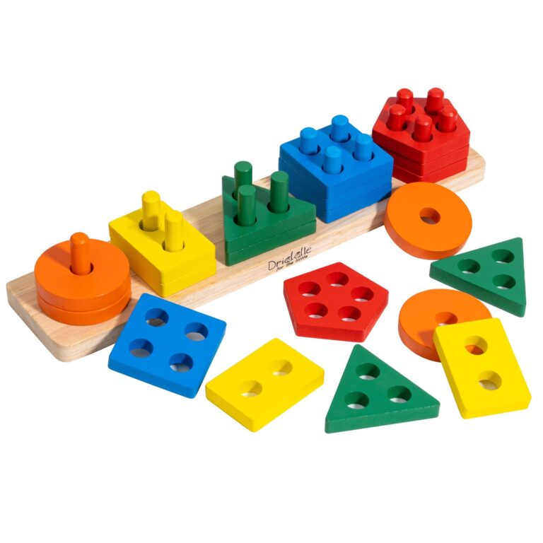 Wooden shape sorter toy with colorful geometric blocks and pegs