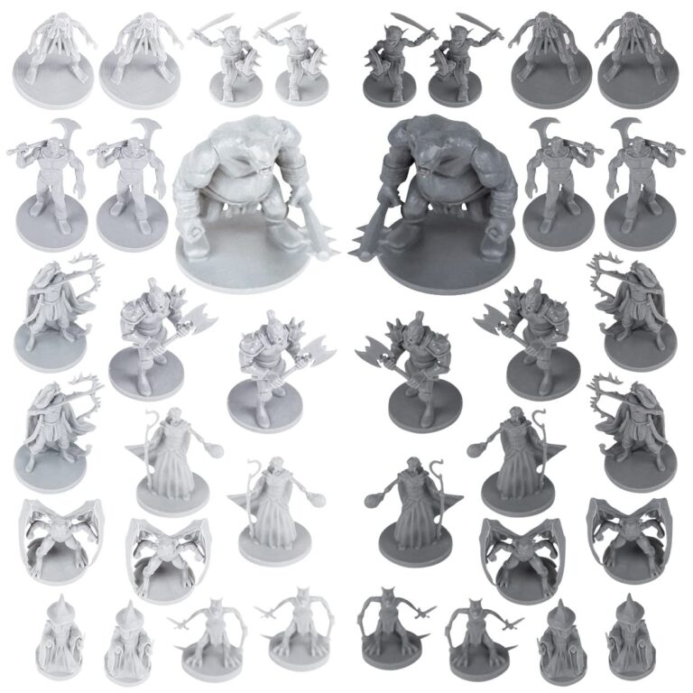 Miniature fantasy figures, including a troll, warriors, and wizards, arranged on a white background