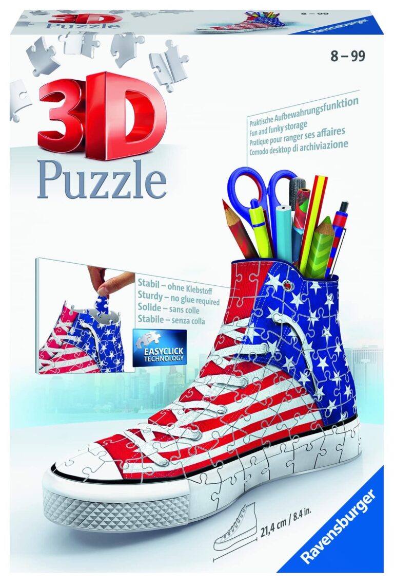 3D puzzle of a sneaker with an American flag design, holding pens