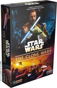Star Wars: The Clone Wars board game box featuring characters and lightsabers
