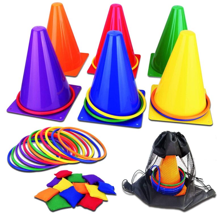 Colorful cones, rings, bean bags, and a bag for a ring toss game
