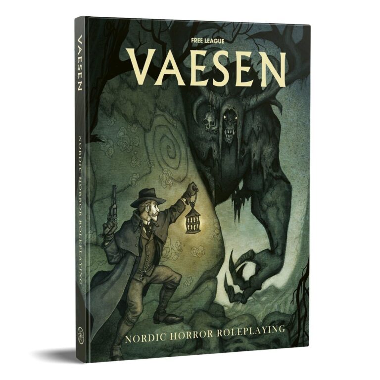 Book cover for Vaesen: Nordic Horror Roleplaying, man with lantern and gun