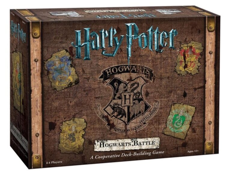Harry Potter: Hogwarts Battle board game box with Hogwarts crest and house symbols
