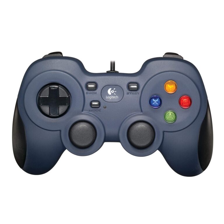 Blue Logitech game controller with colored buttons and a cross-shaped directional pad