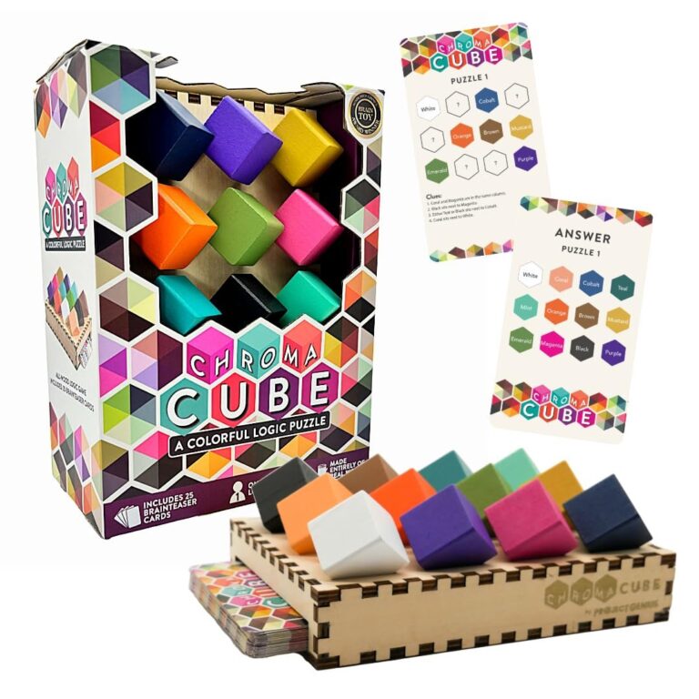 Chroma Cube logic puzzle game with colorful cubes, cards, and box