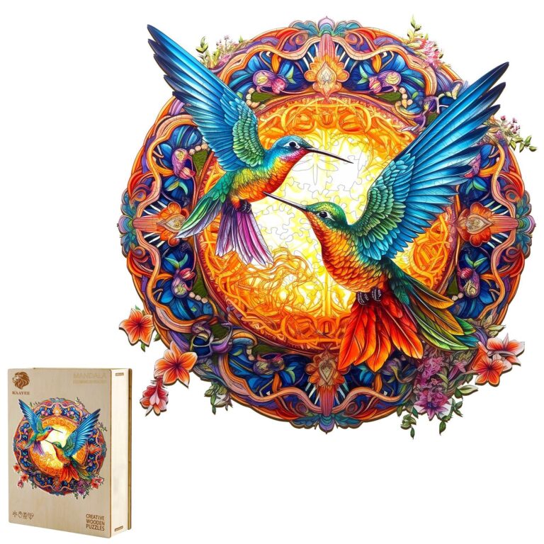 Colorful hummingbird puzzle with mandala design and wooden box