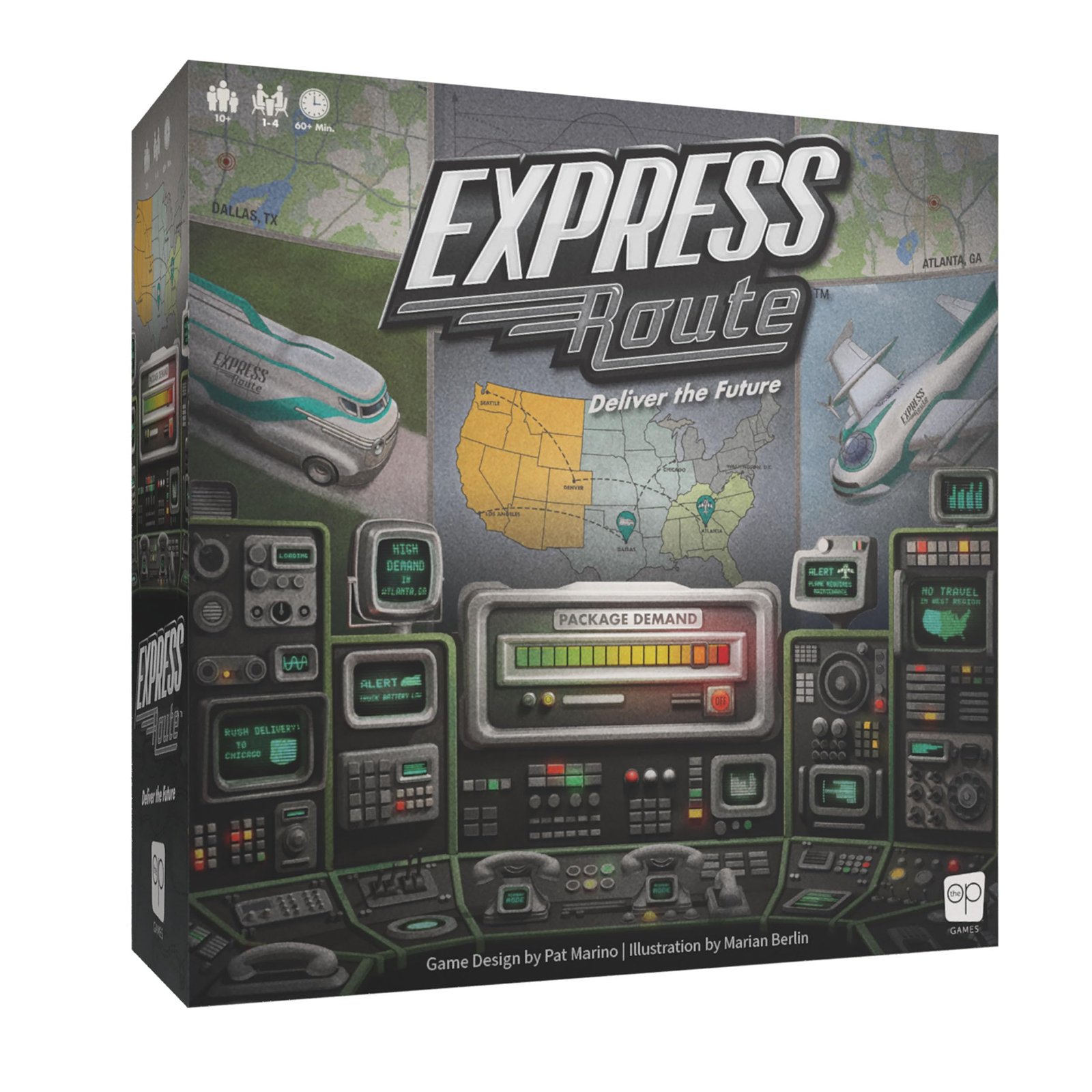 Express Route" board game box with futuristic vehicles and control panel graphics