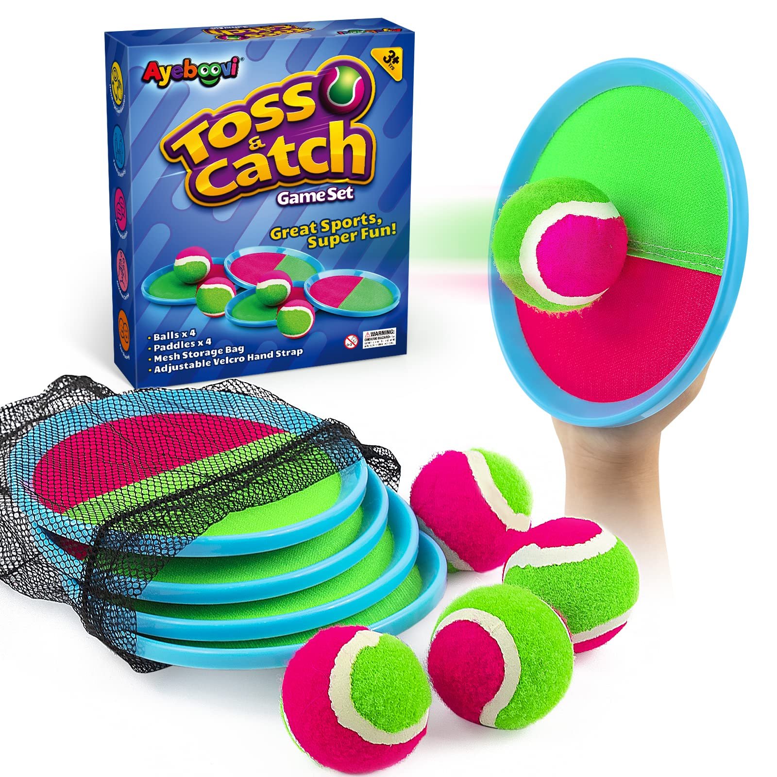 Toss and Catch game set with paddles, balls, and storage bag