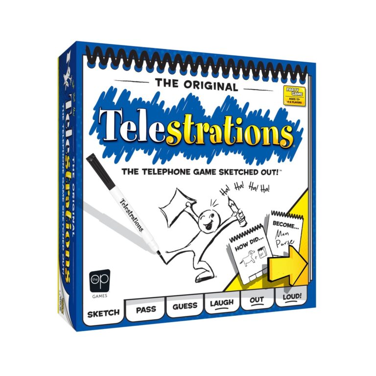 Telestrations board game box with drawings, sketches, and the game's name in large letters